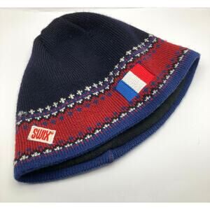 Vintage Swix Navy Blue France Flag Wool Fleece Lined Ski Beanie Adult OS Nordic